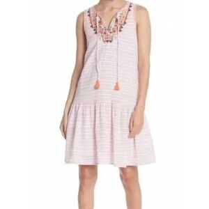 Beachlunchlounge‎ Collection Embroidered Tassel Pink White Striped Dress XL